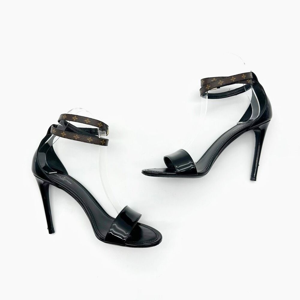 LOUIS VUITTON Fluer Call Back Black Sandal Heels Size 39 Logo Leather Monogram - Picture 8 of 13